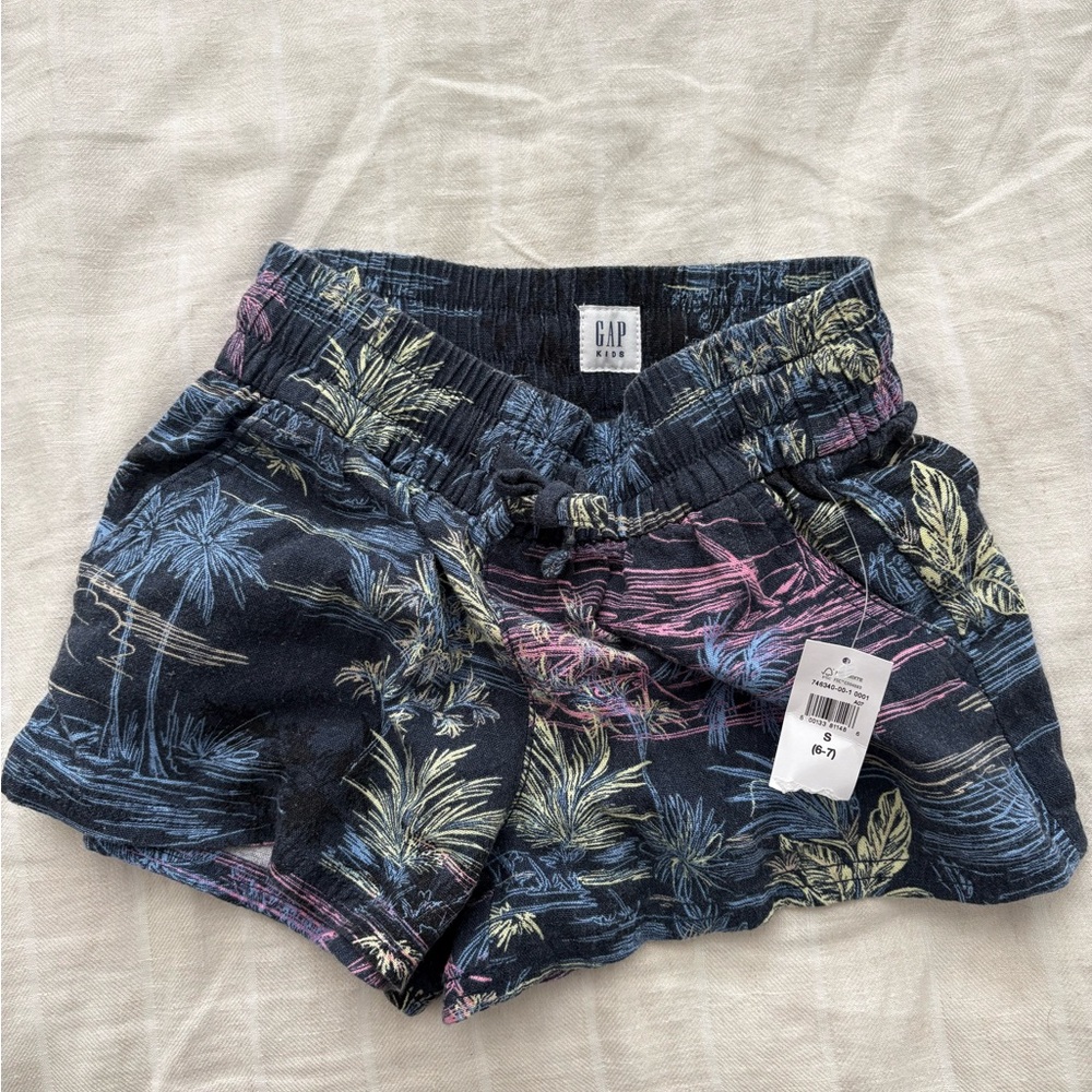 GAP Navy Tropical Palm-Print Elastic Waist Shorts